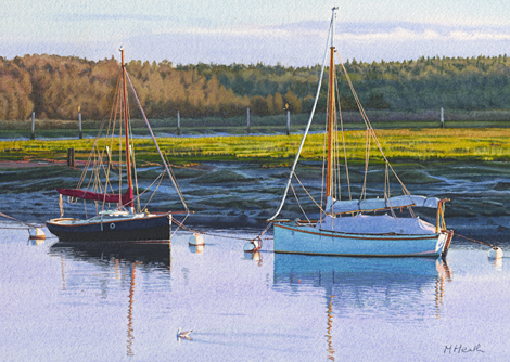 A painting of two yachts moored at Buckler's Hard in early morning light by Margaret Heath.